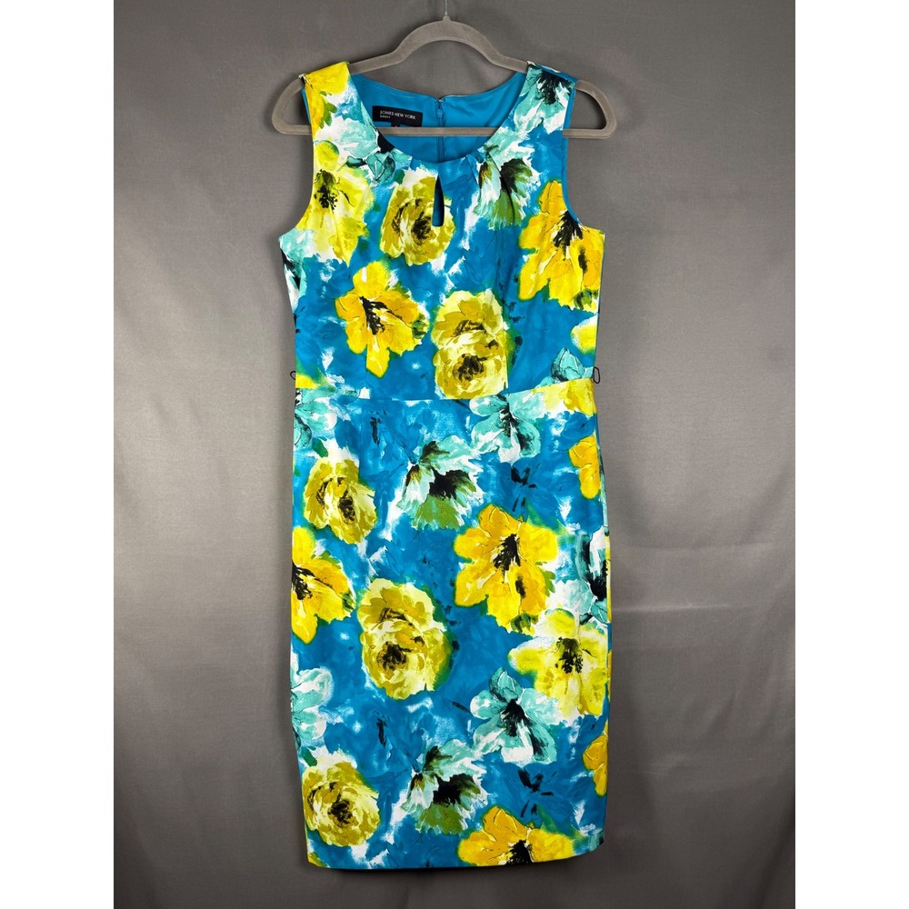 Jones New York Floral Sheath Dress Womens 8 Blue Yellow Painterly Keyhole Dress